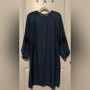 Anthropologie Navy Denim Dress with Black Lace Sleeves